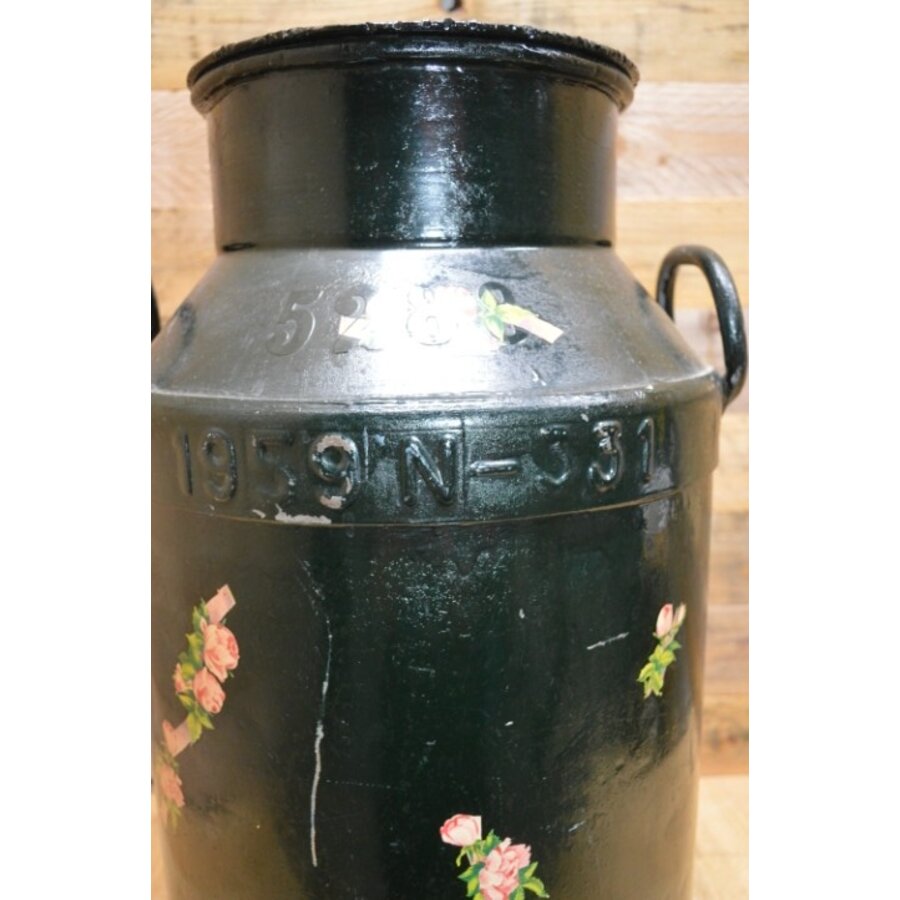 Oude metalen melkbus 1959-N-331 – geschilderd met beplakt met bloemmotief, decoratief tweedehands exemplaar-3