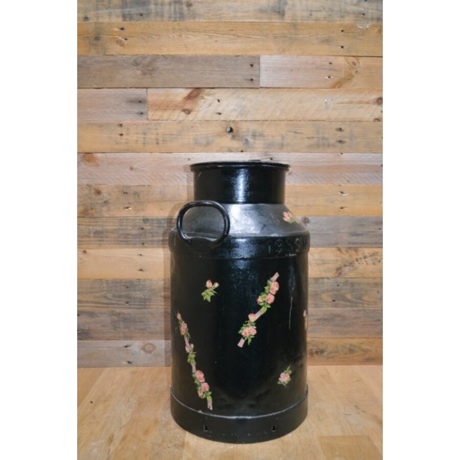 Oude metalen melkbus 1959-N-331 – geschilderd met beplakt met bloemmotief, decoratief tweedehands exemplaar-4