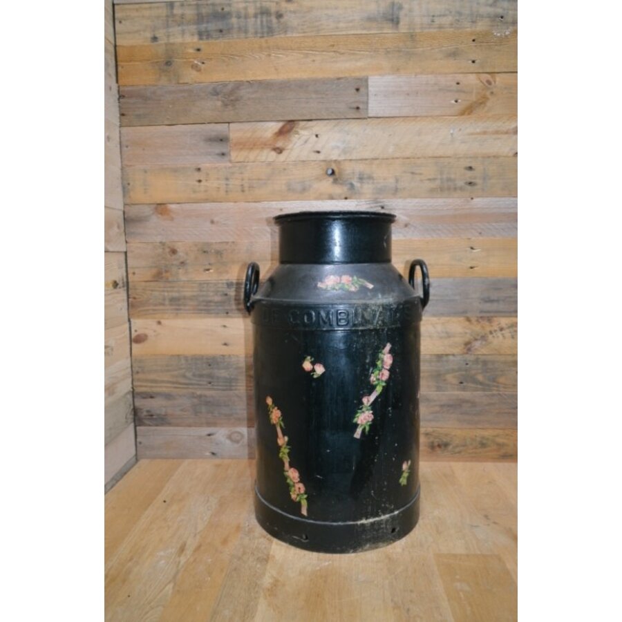 Oude metalen melkbus 1959-N-331 – geschilderd met beplakt met bloemmotief, decoratief tweedehands exemplaar-5