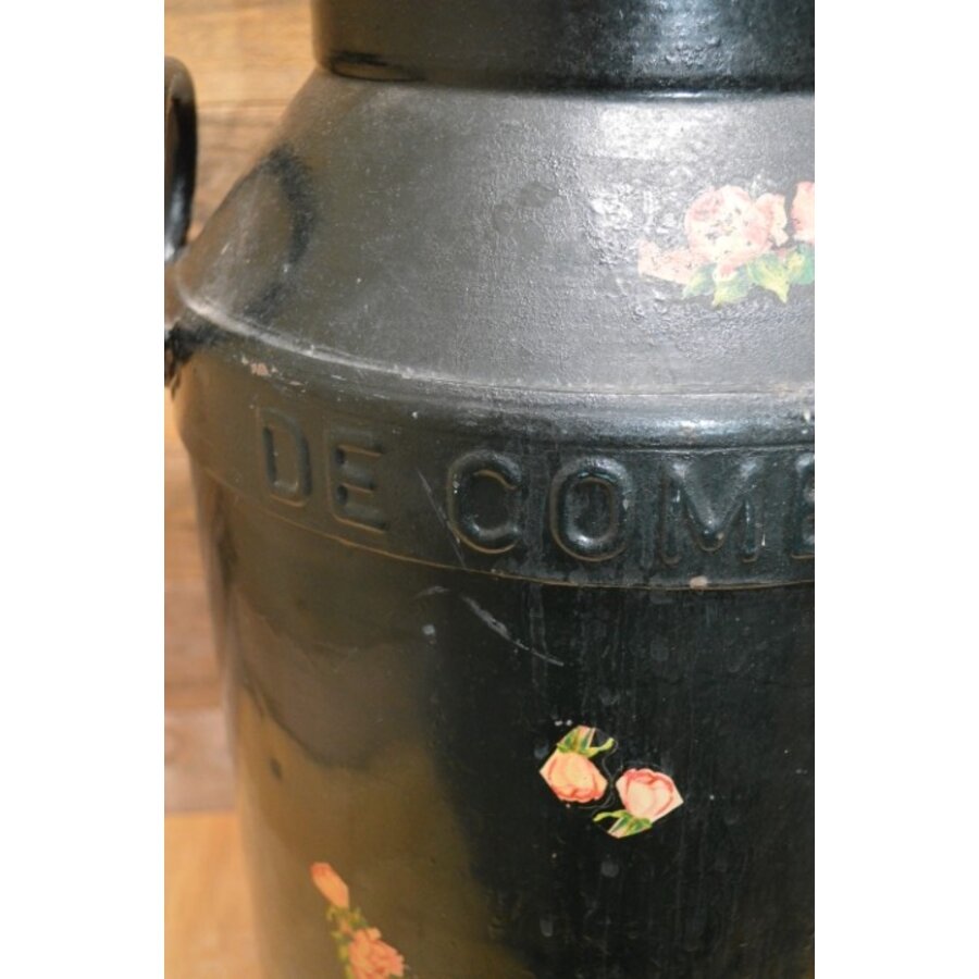Oude metalen melkbus 1959-N-331 – geschilderd met beplakt met bloemmotief, decoratief tweedehands exemplaar-6