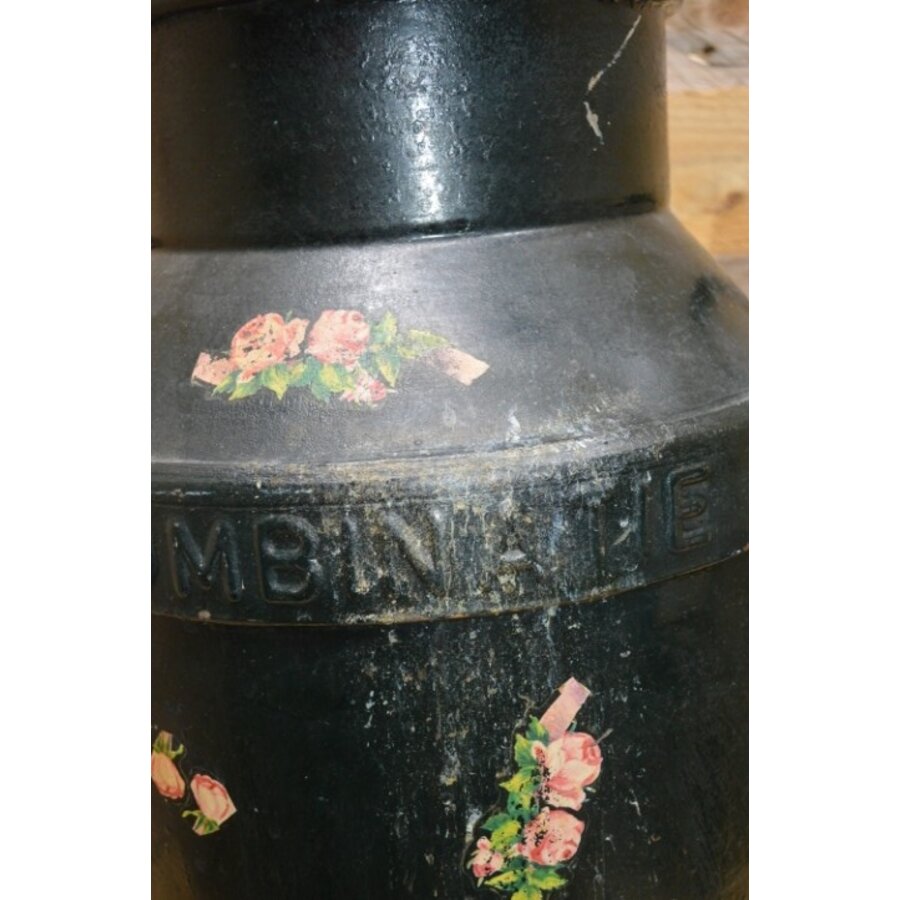 Oude metalen melkbus 1959-N-331 – geschilderd met beplakt met bloemmotief, decoratief tweedehands exemplaar-7