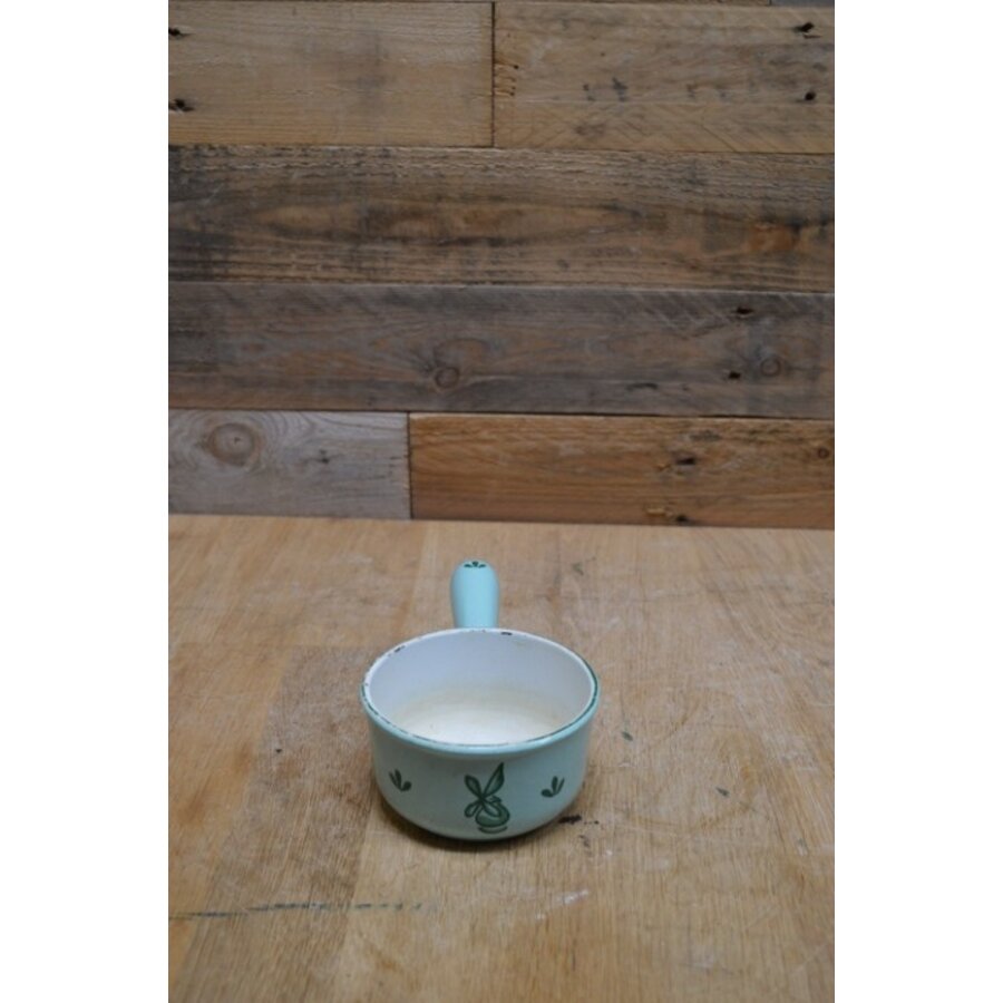 Vintage Dru Holland geëmailleerde gietijzeren steelpan – Retro verzamelobject met groen tulpdecor-4