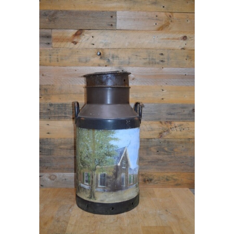 Oude metalen melkbus handbeschilderd – Boerderij en lindeboom, decoratief en nostalgisch-1