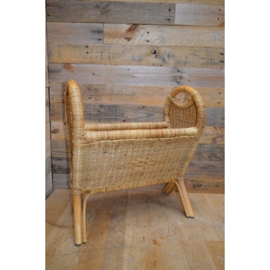 Retro rotan lectuurmand – Vintage tijdschriftenrek met handgrepen-1