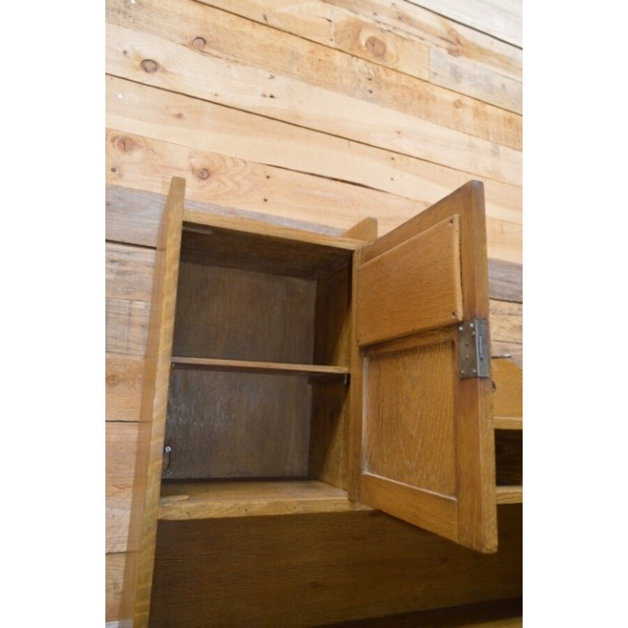 Antiek eiken art deco hangkastje met facet geslepen glas-6