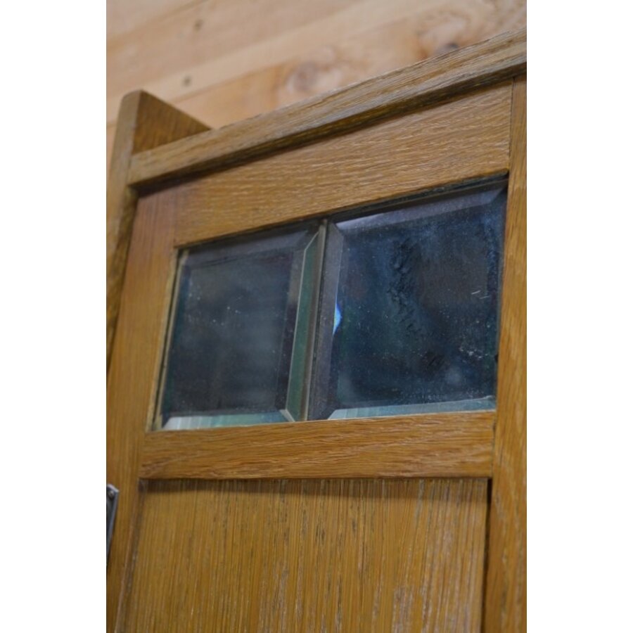 Antiek eiken art deco hangkastje met facet geslepen glas-9