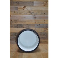 thumb-Retro poef zwart skai met rode kunststof verdeler, houten pootjes jaren ’60-4