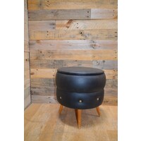 thumb-Retro poef zwart skai met rode kunststof verdeler, houten pootjes jaren ’60-8