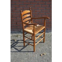 thumb-Vintage houten knopstoel met armleuningen en biezen zitting-1
