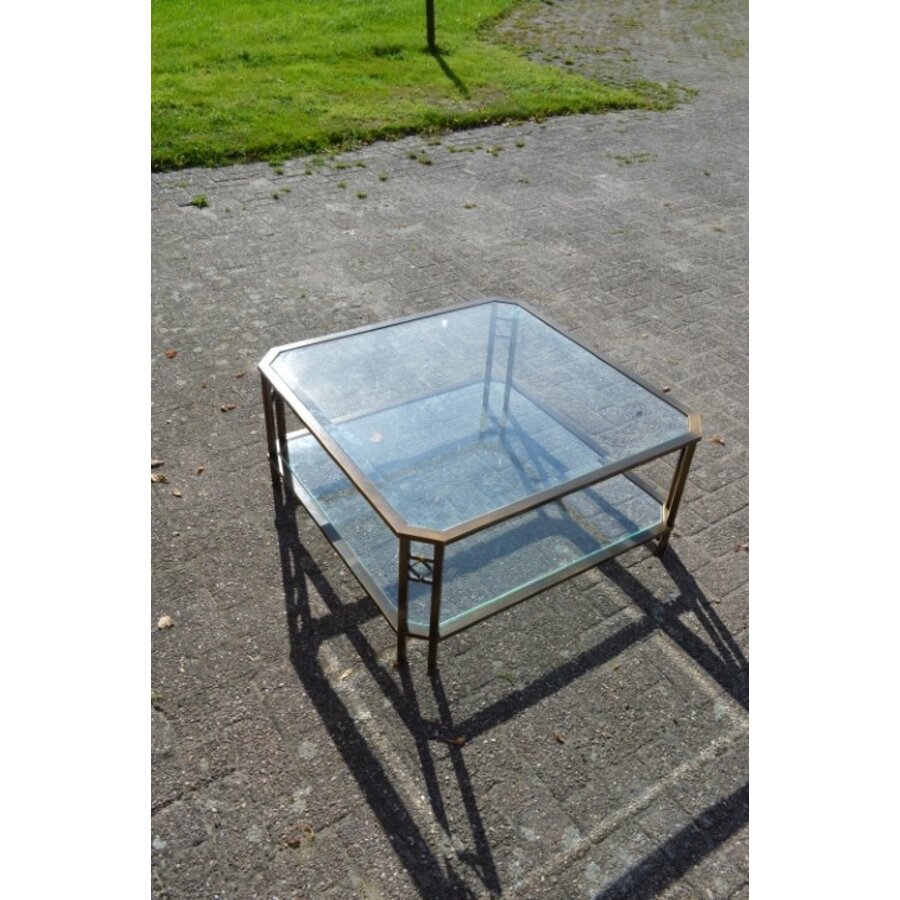 Salontafel in de stijl van Peter Ghyczy – geborsteld messing met facetglas-6