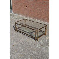 thumb-Langwerpige salontafel in de stijl van Peter Ghyczy – geborsteld messing met facetglas-4