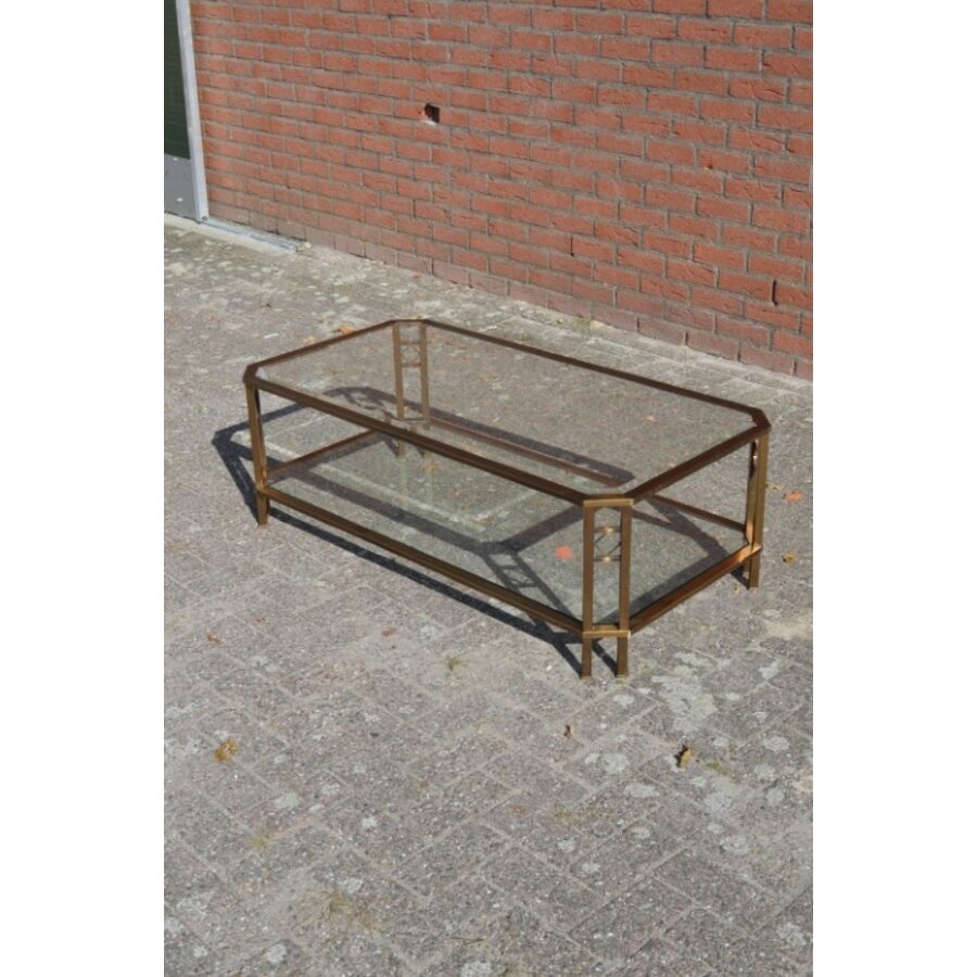 Langwerpige salontafel in de stijl van Peter Ghyczy – geborsteld messing met facetglas-4