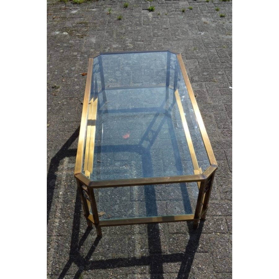 Langwerpige salontafel in de stijl van Peter Ghyczy – geborsteld messing met facetglas-5