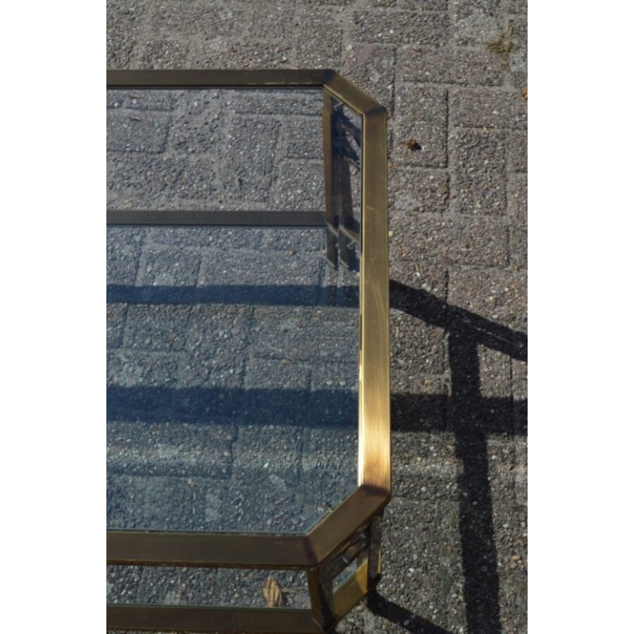 Langwerpige salontafel in de stijl van Peter Ghyczy – geborsteld messing met facetglas-6