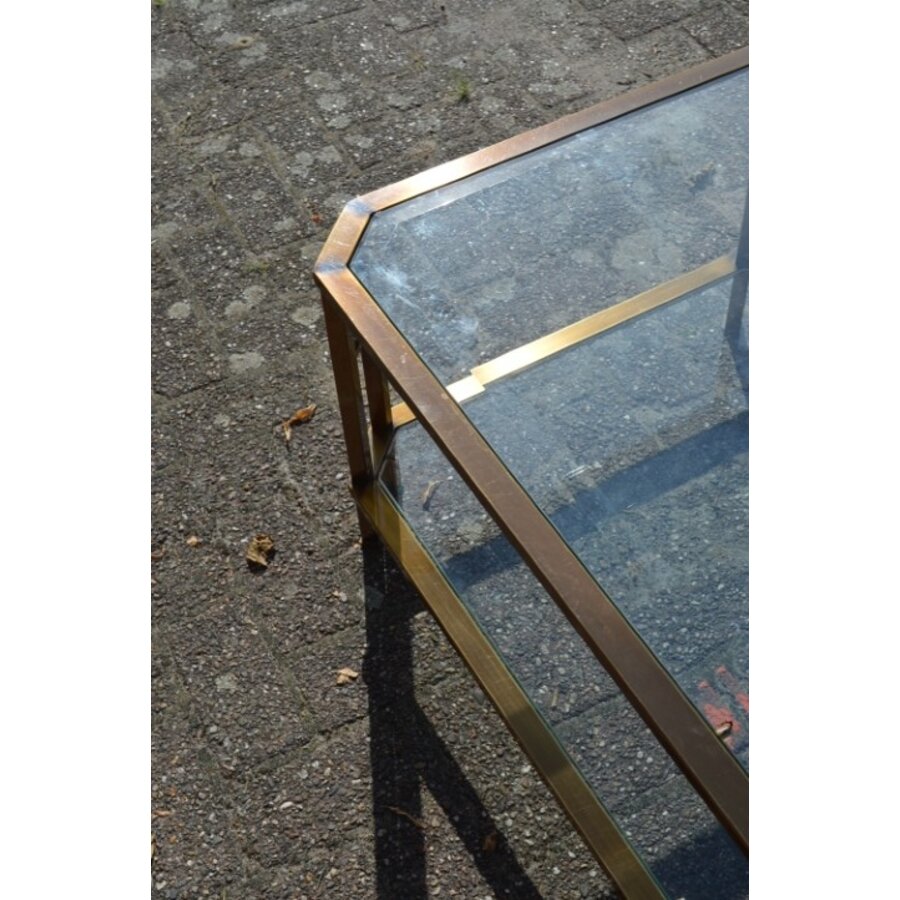 Langwerpige salontafel in de stijl van Peter Ghyczy – geborsteld messing met facetglas-7