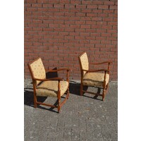 thumb-Eiken armfauteuiltjes uit de jaren 50 met gele bekleding-1