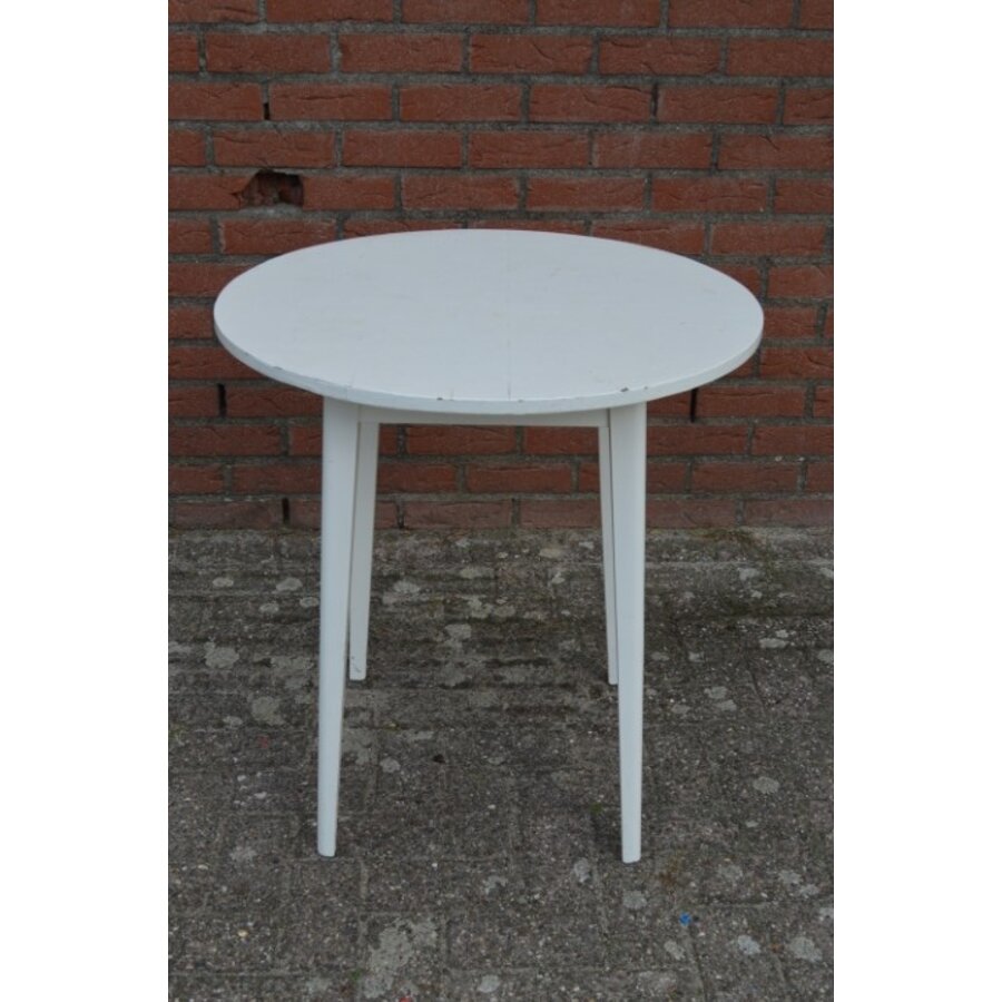 Tweedehands rond houten bijzettafeltje met wit blad en onderblad-2