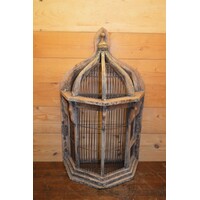 thumb-Primitieve rustieke vogelkooi van hout en draad – Vintage decoratief object-2