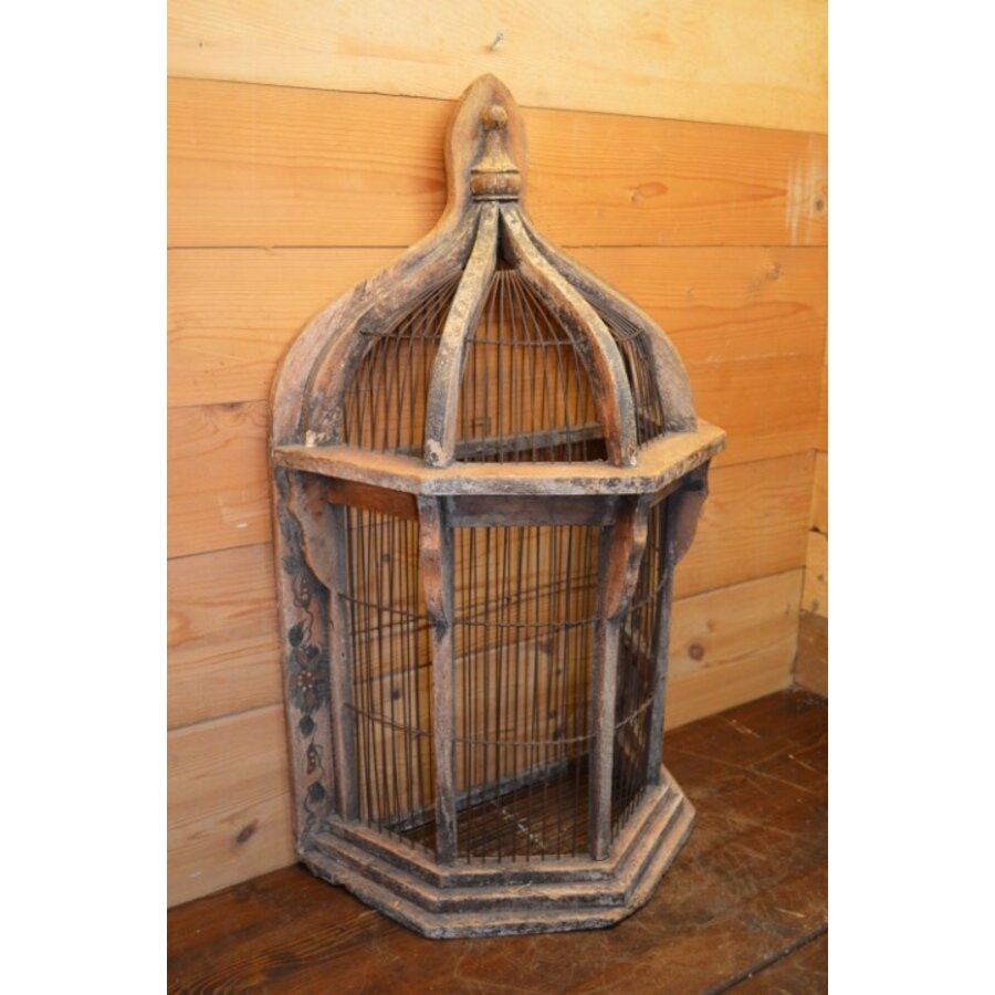 Primitieve rustieke vogelkooi van hout en draad – Vintage decoratief object-1