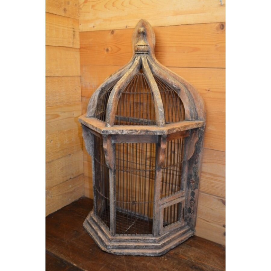 Primitieve rustieke vogelkooi van hout en draad – Vintage decoratief object-3