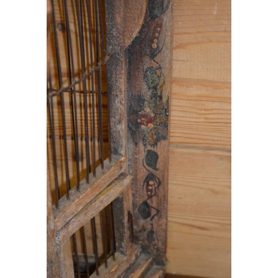Primitieve rustieke vogelkooi van hout en draad – Vintage decoratief object-4