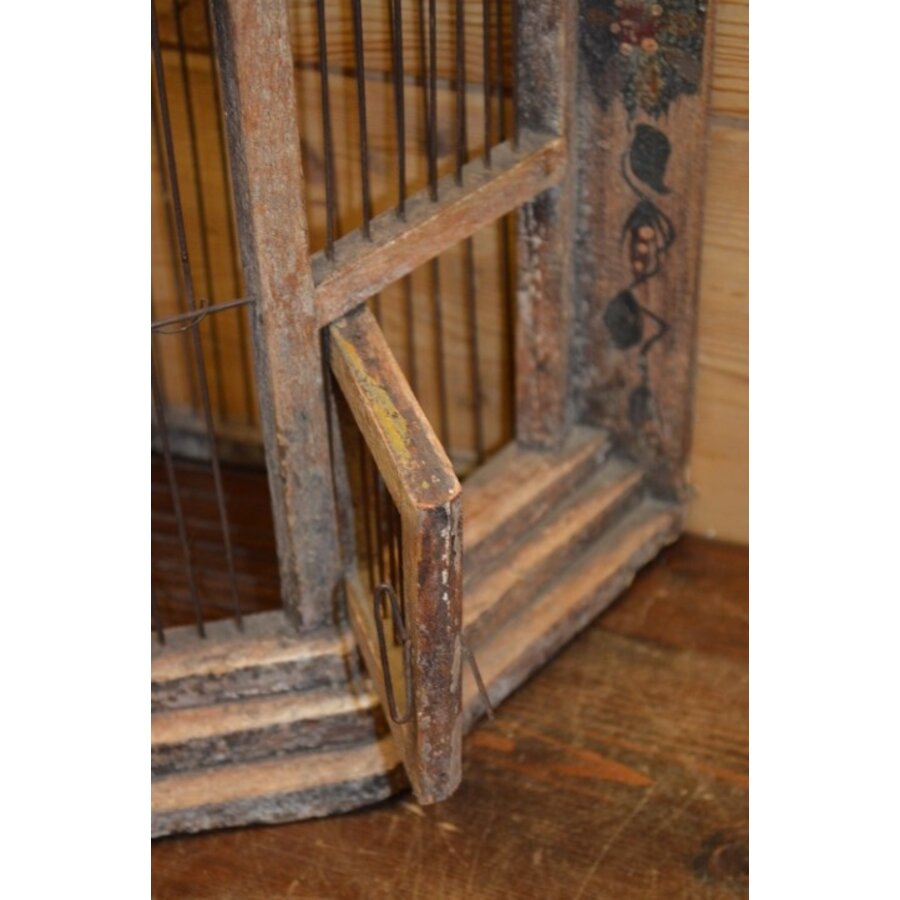 Primitieve rustieke vogelkooi van hout en draad – Vintage decoratief object-5