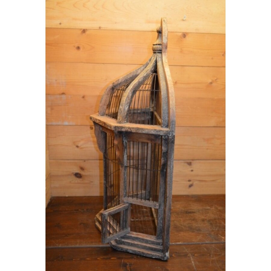 Primitieve rustieke vogelkooi van hout en draad – Vintage decoratief object-6