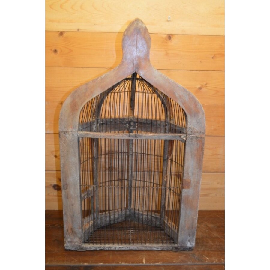 Primitieve rustieke vogelkooi van hout en draad – Vintage decoratief object-7