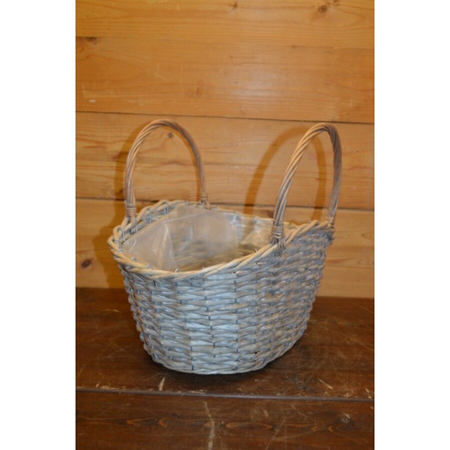 Chic plantenmandje van riet met metalen frame en plastic binnenvoering – Tweedehands-1