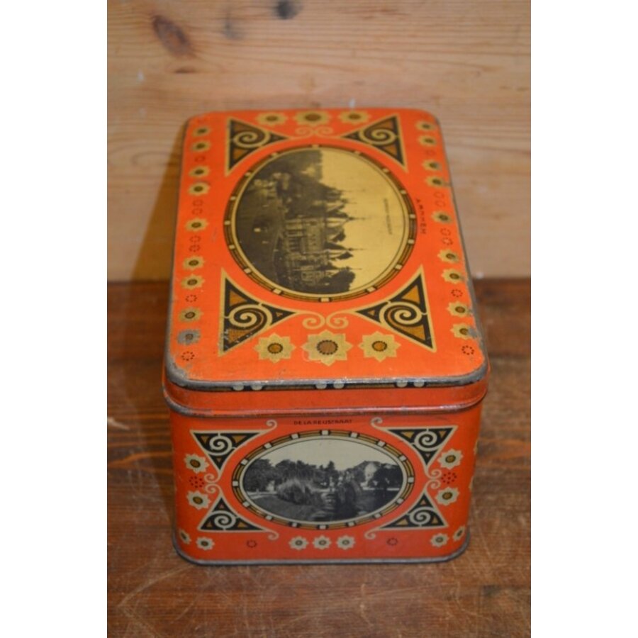 Koektrommeltje uit de jaren 30 met litho’s van Arnhem – oranje souvenirblik-5