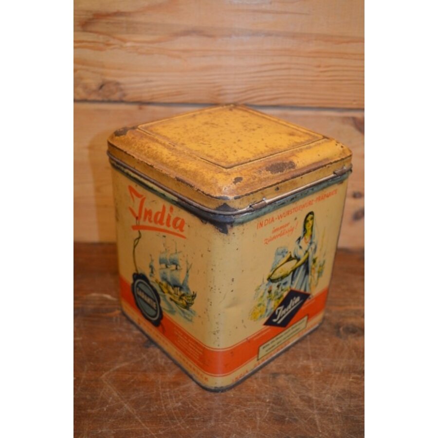 Vierkant kruidenblik van India Gewürzwerk GmbH Osnabrück – vintage blik Duitsland-1