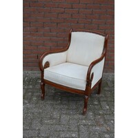 19e-eeuwse mahoniehouten fauteuil – Klassieke stoel met damast bekleding