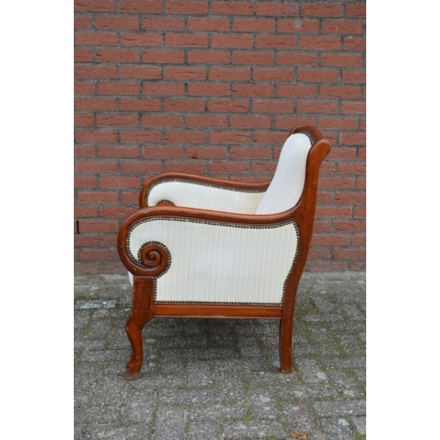 19e-eeuwse mahoniehouten fauteuil – Klassieke stoel met damast bekleding-3