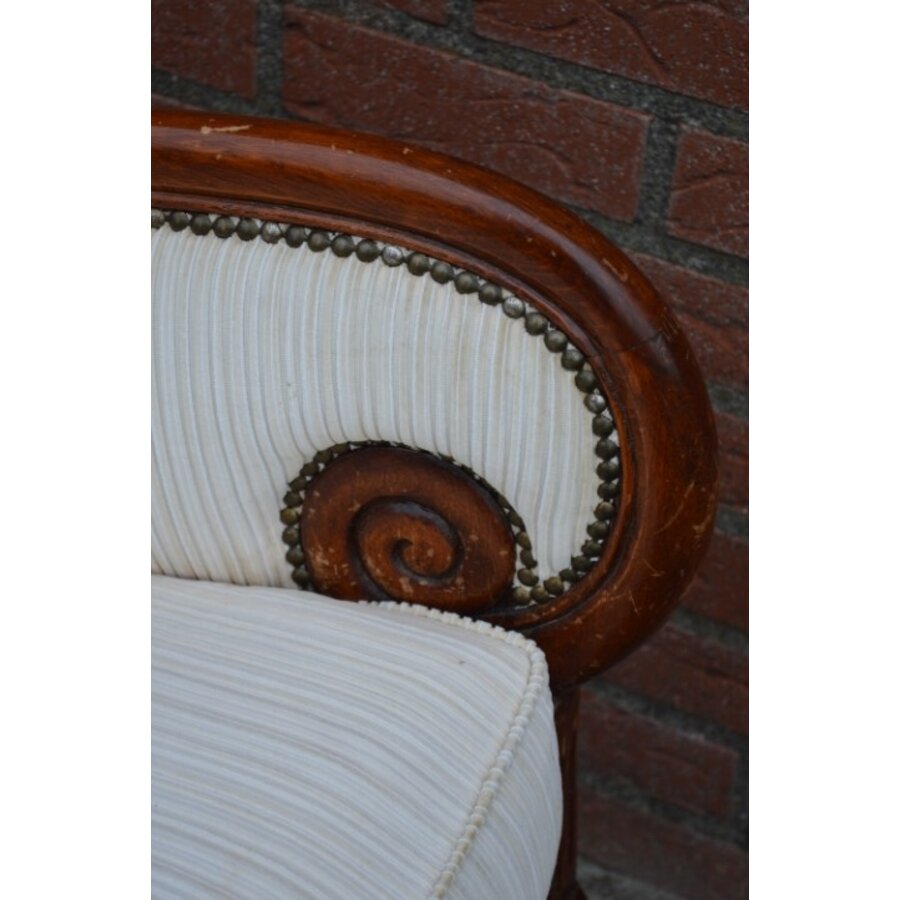 19e-eeuwse mahoniehouten fauteuil – Klassieke stoel met damast bekleding-8