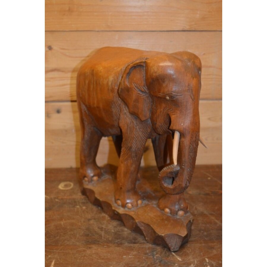 Vintage massief teakhouten olifantenbeeldje – Handgesneden houten decoratie-1
