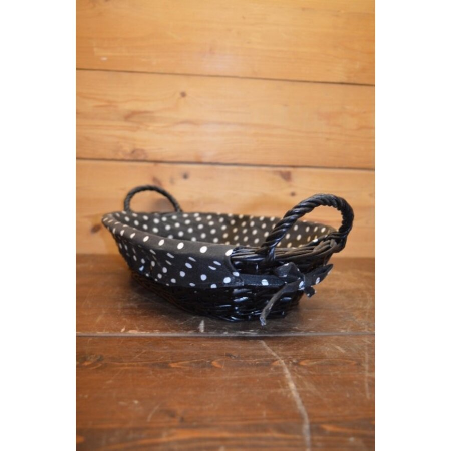 Ovaal zwart mandje van wilgentenen – Met handgreepjes en gestippeld doekje-1