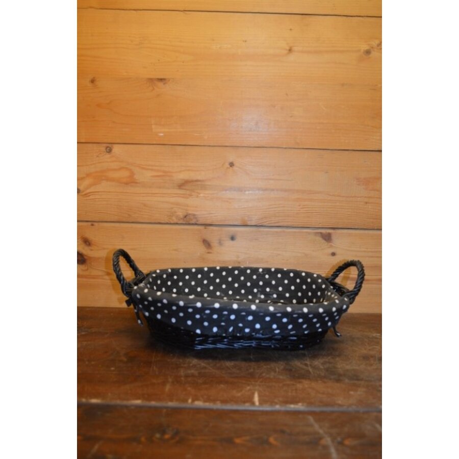 Ovaal zwart mandje van wilgentenen – Met handgreepjes en gestippeld doekje-3