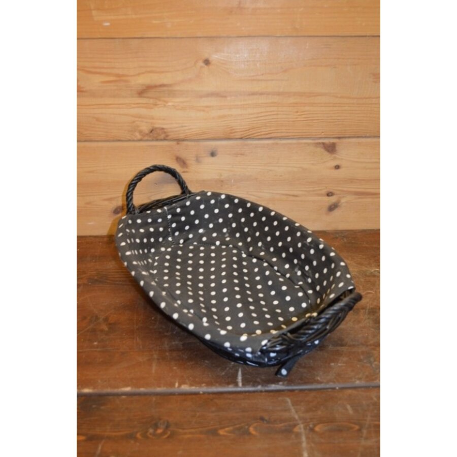 Ovaal zwart mandje van wilgentenen – Met handgreepjes en gestippeld doekje-4