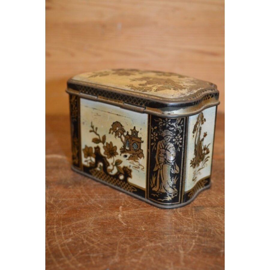 Antiek Art Nouveau theeblikje met Aziatische motieven uit Groot-Brittannië-3