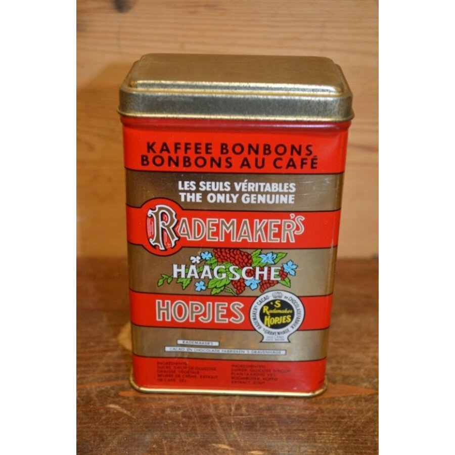 Nederlands snoepblik Rademaker’s Haagsche Hopjes – Rood-goud gestreept-1