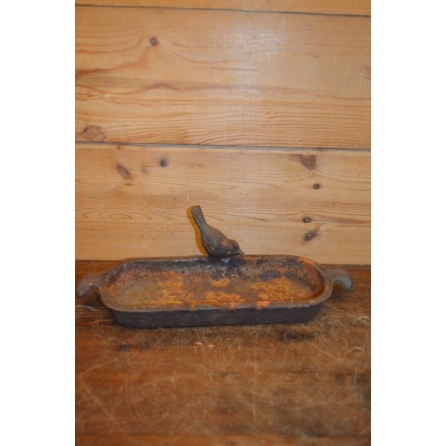 Oud gietijzeren vogelbadje met vogeltje – Decoratief tuinelement-2