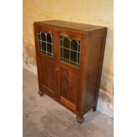 thumb-Kleine eikenhouten Art Deco kast met glas-in-lood deuren-2