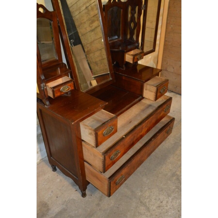 Victoriaanse Duchess-toiletkast van mahonie met wortelnoten fineer en spiegels-5