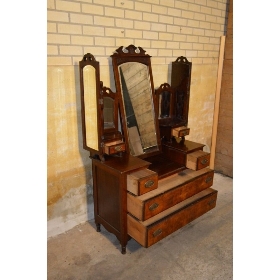 Victoriaanse Duchess-toiletkast van mahonie met wortelnoten fineer en spiegels-6