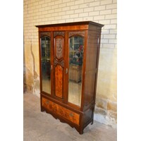 thumb-Antieke garderobekast van massief mahoniehout met wortelnotenhout en facetrand spiegels-1