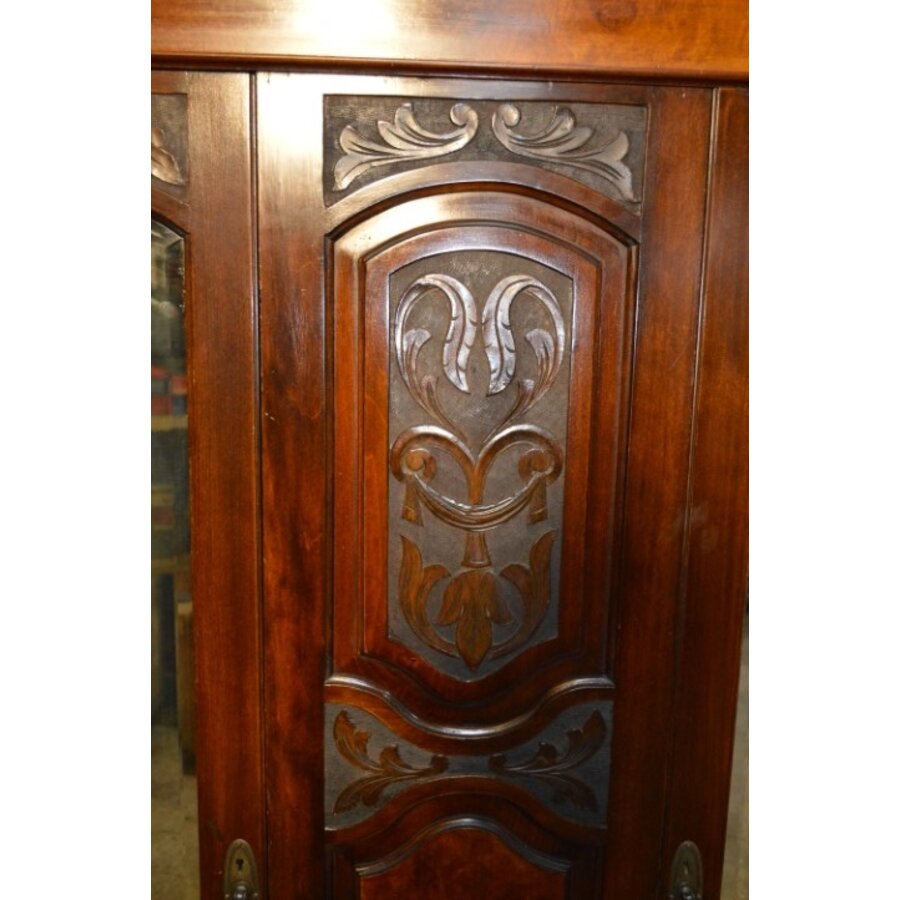 Antieke garderobekast van massief mahoniehout met wortelnotenhout en facetrand spiegels-4