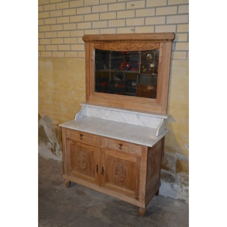 Antieke massief eiken commode met marmeren blad en spiegelopzet-2