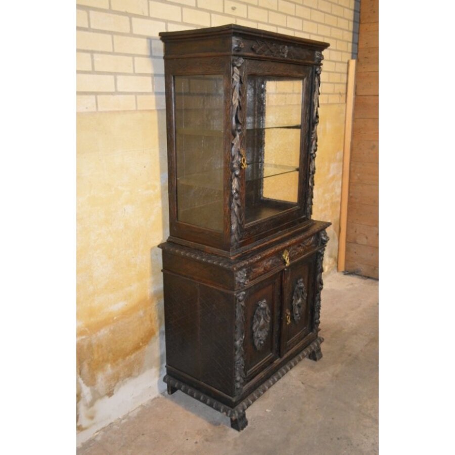 Antieke Italiaanse eikenhouten boekenkast uit 1870 in Renaissance stijl-3