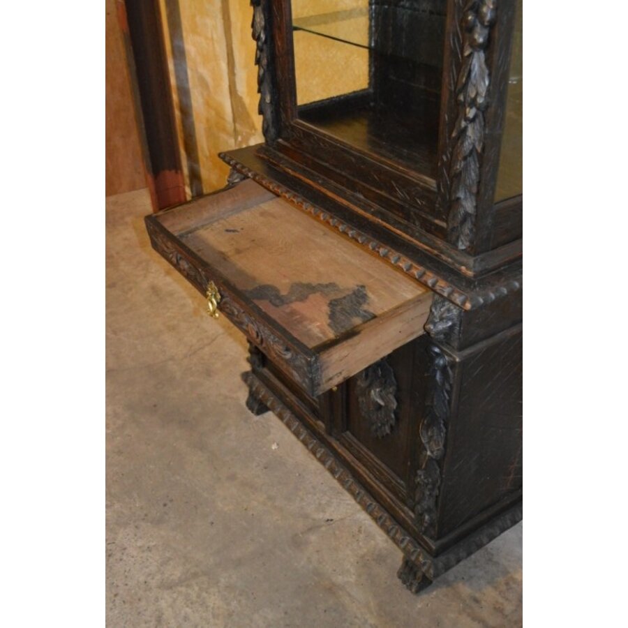 Antieke Italiaanse eikenhouten boekenkast uit 1870 in Renaissance stijl-9