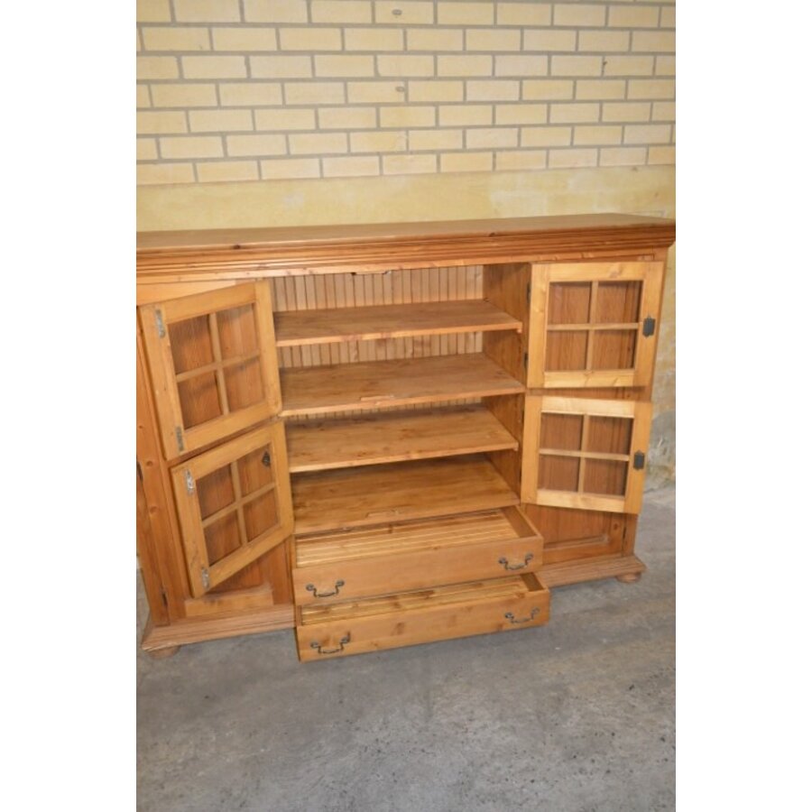 Massief grenenhouten hoog dressoir met glasdeurtjes en laden-5